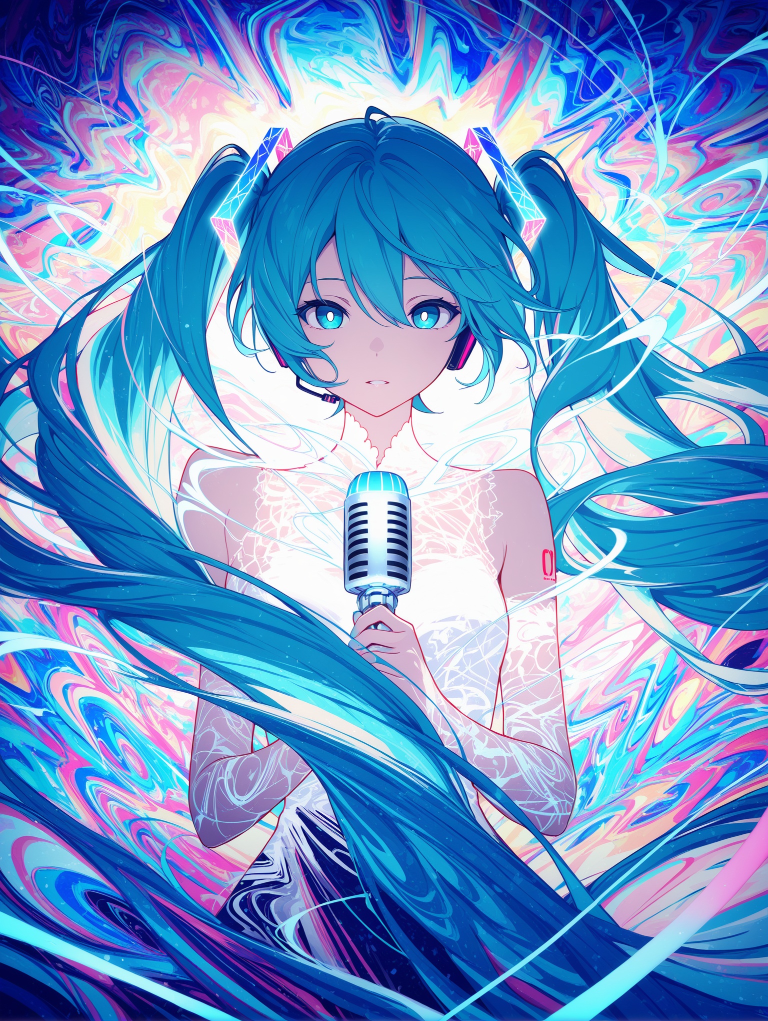 1girl, hatsune miku, white pupils, power elements, microphone, vibrant blue color palette, abstract,abstract background, dreamlike atmosphere, delicate linework, wind-swept hair, energy,masterpiece,best quality,