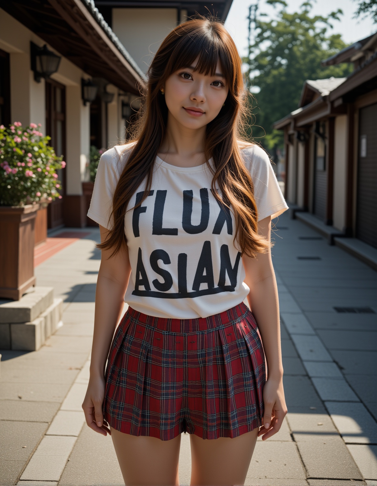 A photograph of an incredibly beautiful 18-year-old girl with long,  stylish gradient brown hair,  standing confidently at...