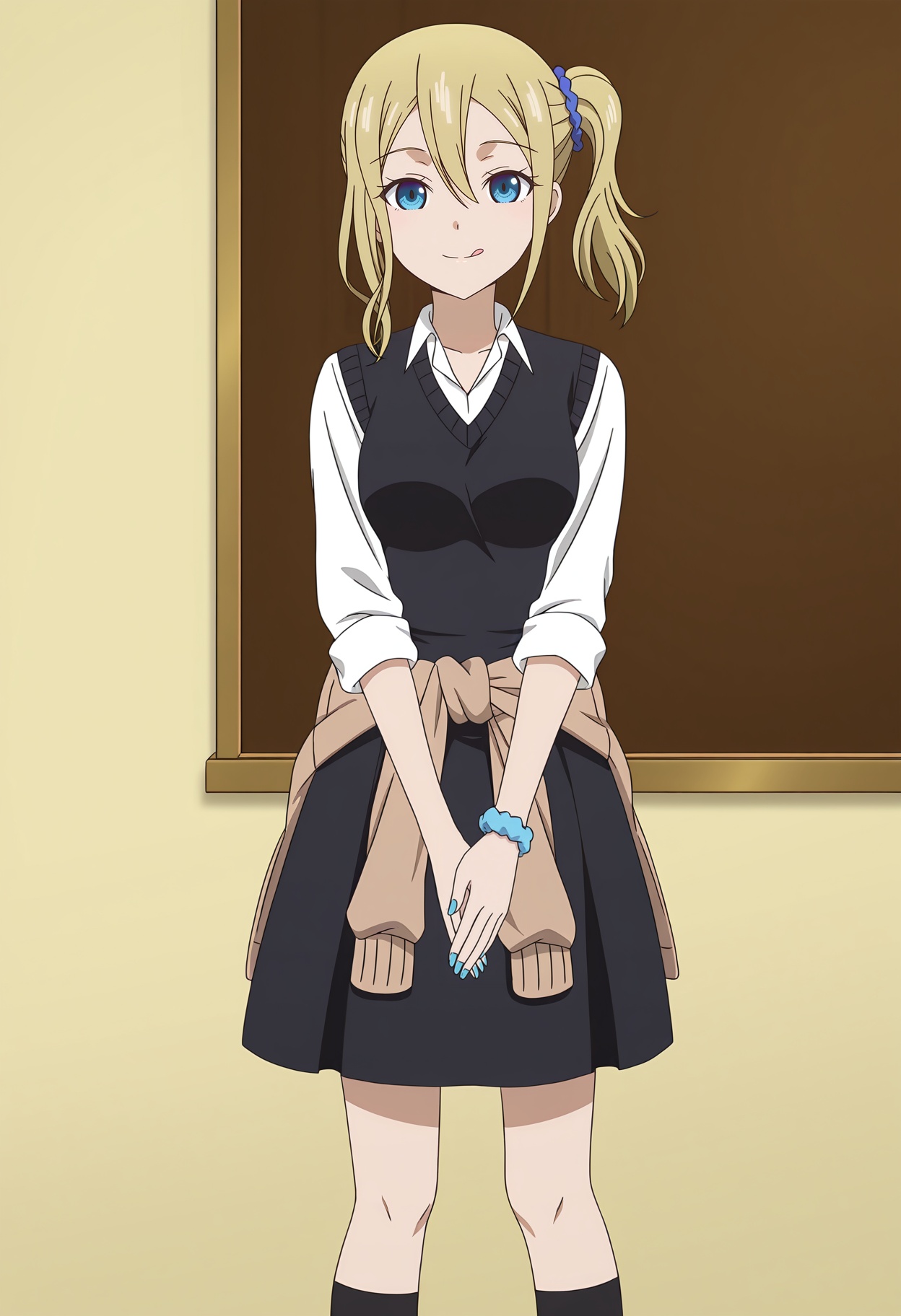 <lora:Ai HAYASAKA_illustrious-000018:1>,1girl,solo,Ai HAYASAKA,side ponytail,solo,scrunchie,school uniform,blue scrunchie,hair scrunchie,clothes around waist,hair ornament,looking at viewer,own hands together,smile,black dress,standing,shirt,socks,sweater around waist,long sleeves,black socks,sweater,tongue out,nail polish,dress,closed mouth,anime screencap,