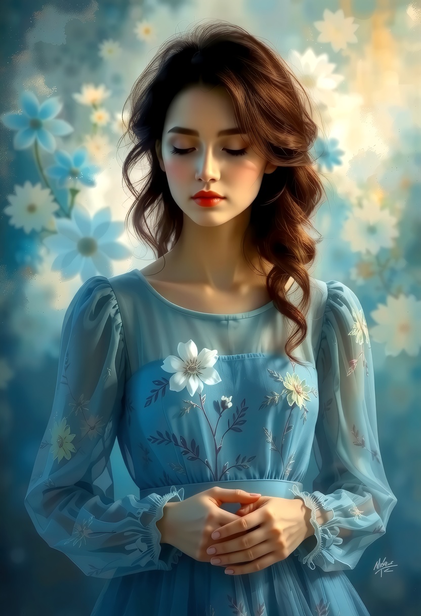 This image is a highly detailed digital painting,  depicting a young woman in a serene,  contemplative pose. She stands ag...