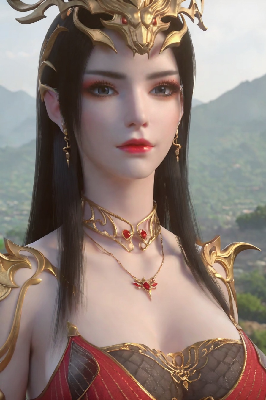 score_9,score_8_up,score_7_up,incredibly absurdres,<lora:SF_MeiDuShaHS_Pony-000005:0.7>,1girl,solo,red dress,large breasts,lips,jewelry,earring,long hair,looking at viewer,white background,landscape,