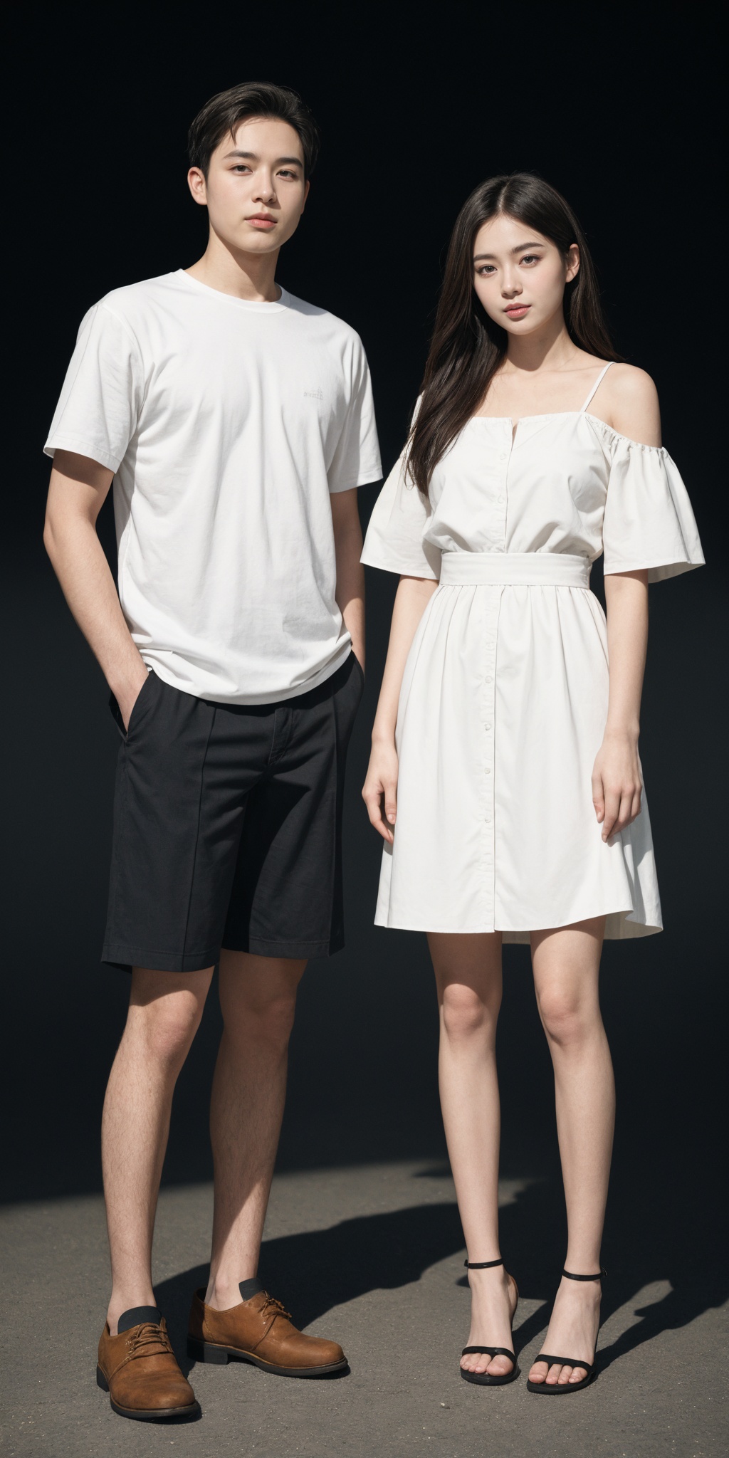man and woman,full body,looking at viewer,realistic,simple background,
