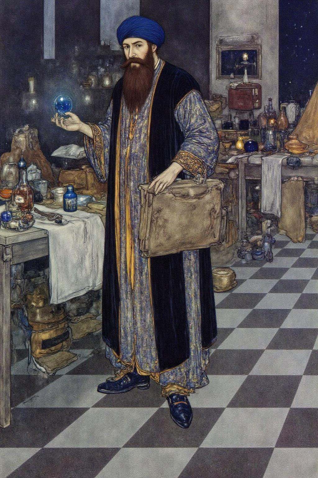 dulac1 illustration. An alchemist in a medieval-style laboratory. The alchemist,  a man with a long,  bushy beard and a tu...