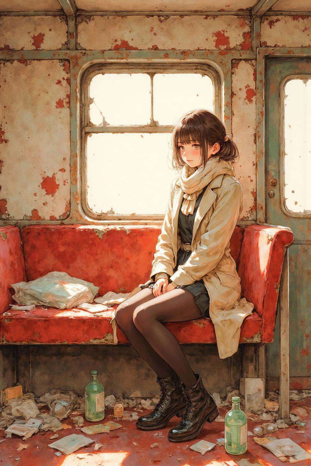 nijiwatercolor1q anime illustration.A girl,  shown in 3/4 view,  is sitting in a dilapidated train car. The train's red in...