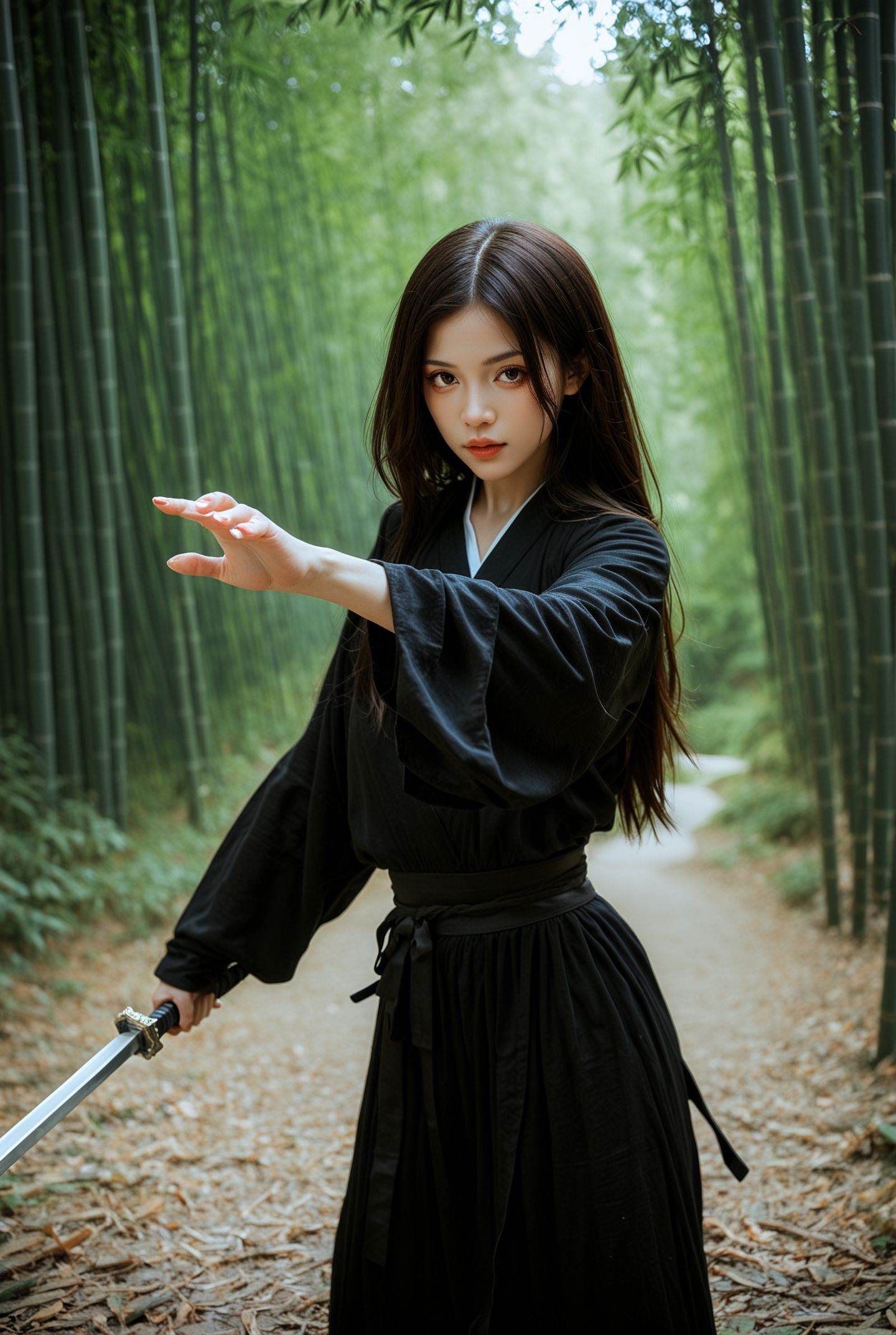 (score_9,score_8_up,score_7_up,score_6),hanfu,simple,(blurry background:1.1),blurry,(blurry foreground:1.1),A girl with black long straight hair in dark red Hanfu practicing straight sword in a bamboo forest with a martial arts style,wide sleeves,long sleeves,sleeves past fingers,