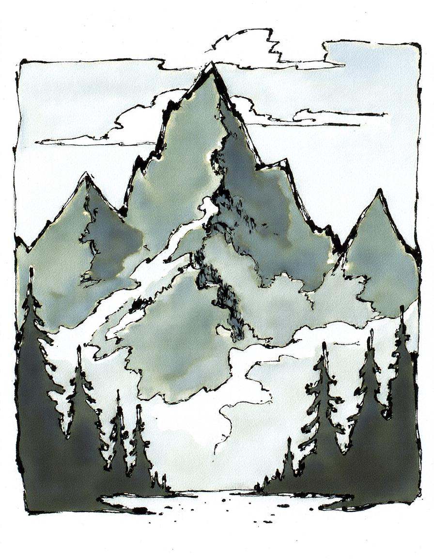 ink watercolor,  Design a stylized mountain range in an abstract ink watercolor style. The mountains should be painted wit...