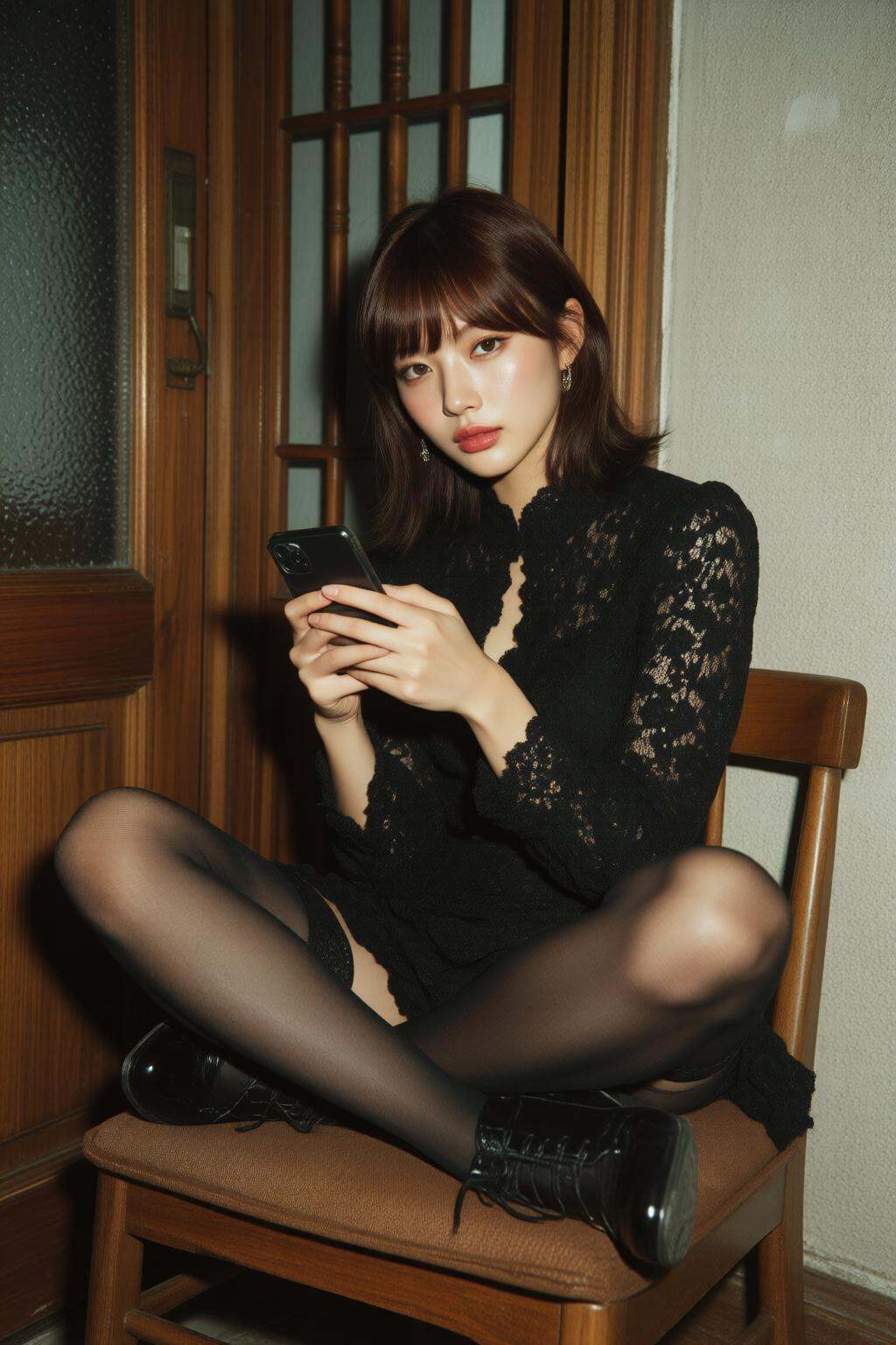 midjourneymix10q photograph. A young Japanese woman with shoulder-length hair and bangs is sitting cross-legged on a woode...