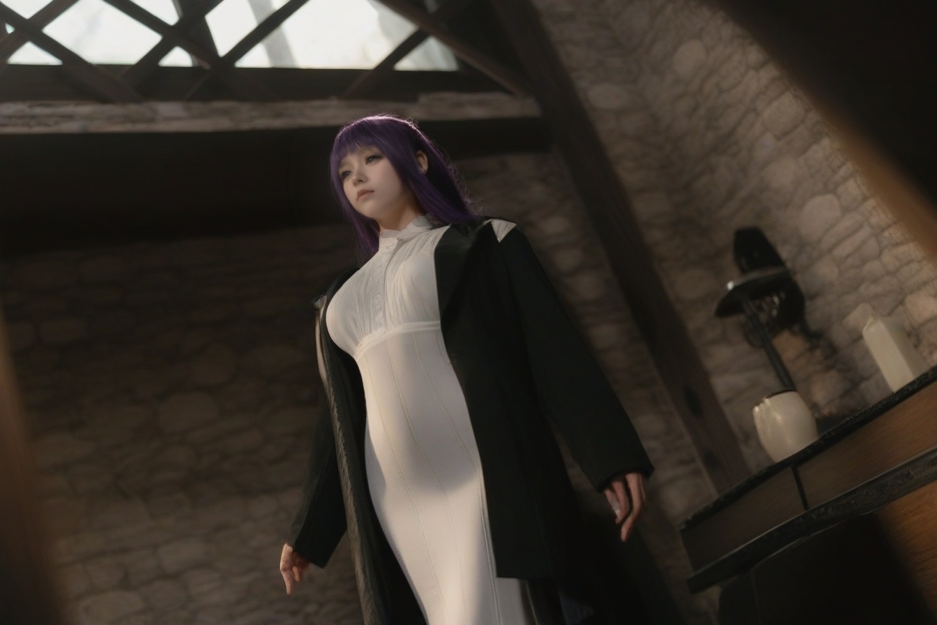 expressionless,<lora:Philen-000007:0.8>,HDR,absurdres,lens flare,(film grain:1.1),from below,silhouetted against the bright window,intimacy,Crypt,OverallDetailXL,Philen is Wearing a white dress and a black jacket with purple hair,