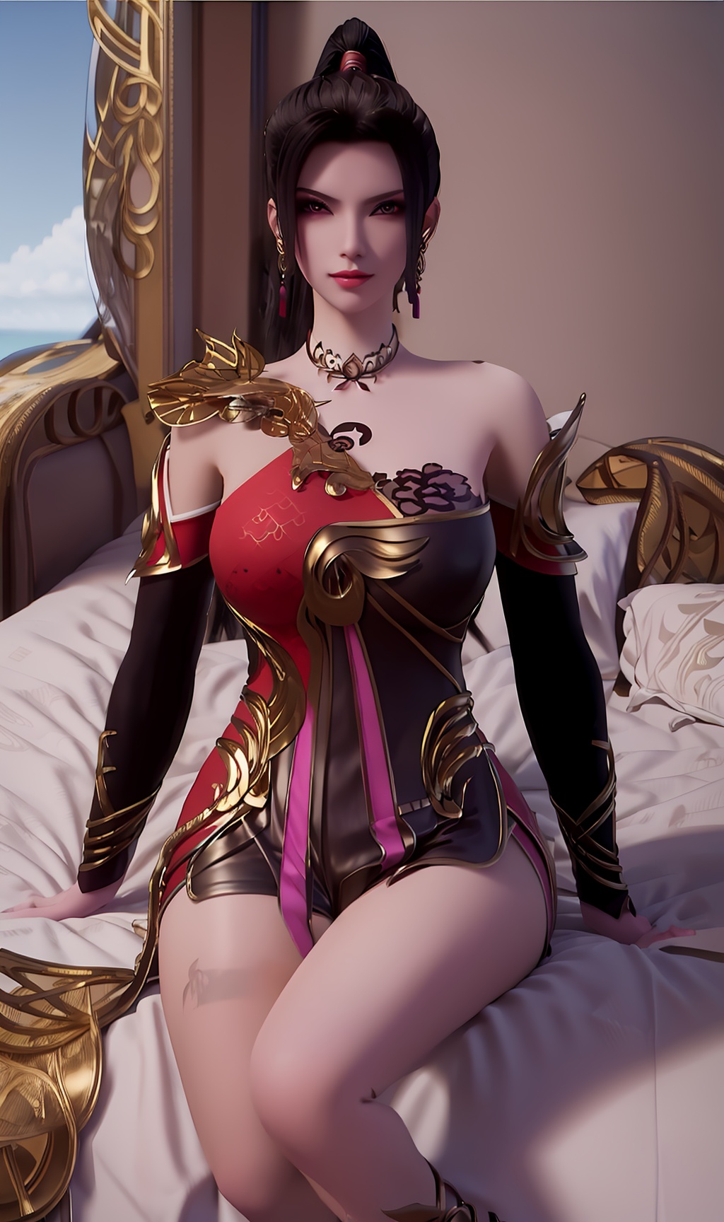 3D,masterpiece,(best quality),(makeup),official art, extremely detailed cg 8k wallpaper,((crystalstexture skin)), (extremely delicate and beautiful),(highly detailed),(1girl), (solo), (jewelry), (earrings),(black_hair),(long_hair),(hair_ornament),(handwear),(breasts),(sitting),(collar),,(upper_body),(multicolored_clothes),(multicolored_dress),shorts,(bare_shoulder),(armor),ponytail,(chinese_clothes),(adapted_costume),(long_legs),(sunshine, outdoor,bed),((looking_at_viewer)),((Facing the camera)),, <lora:hipoly3DModelLora_v10:0.3>