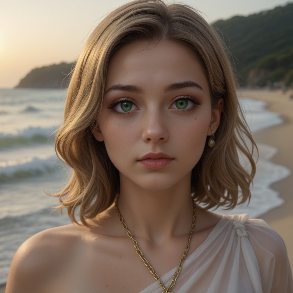 A slightly blurry portrait photo of a woman with oval face,  medium blonde hair with beach waves,  light skin on Tensor.Art