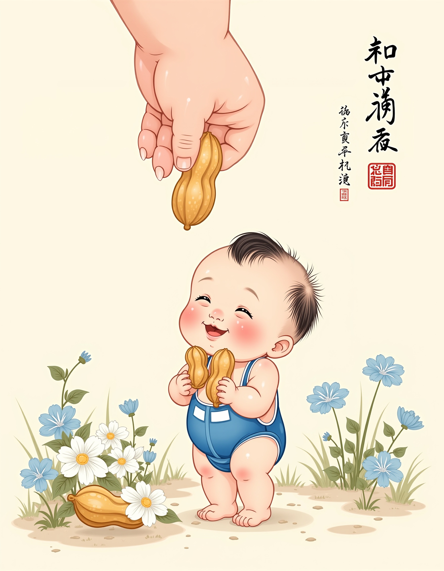 This is a digitally drawn illustration in a traditional Chinese style, featuring a chubby baby with light skin and dark hair, wearing a blue and white outfit. The baby is standing on a textured ground with a cluster of white flowers in the lower right corner. In the top left, a large hand, possibly a human hand, is holding a large, light-brown peanut above the baby's head. The baby is holding two smaller peanuts in its hands, looking content. The background is a light beige, and the scene is set in a garden with blue and white flowers, adding a serene, pastoral feel to the illustration. Traditional Chinese calligraphy in red and black characters is visible in the top right corner, adding a cultural touch to the artwork. The overall style is soft and delicate, with detailed shading and intricate textures, showcasing the baby's chubby cheeks and the petals of the flowers.<lora:水墨风-10:0.8>
