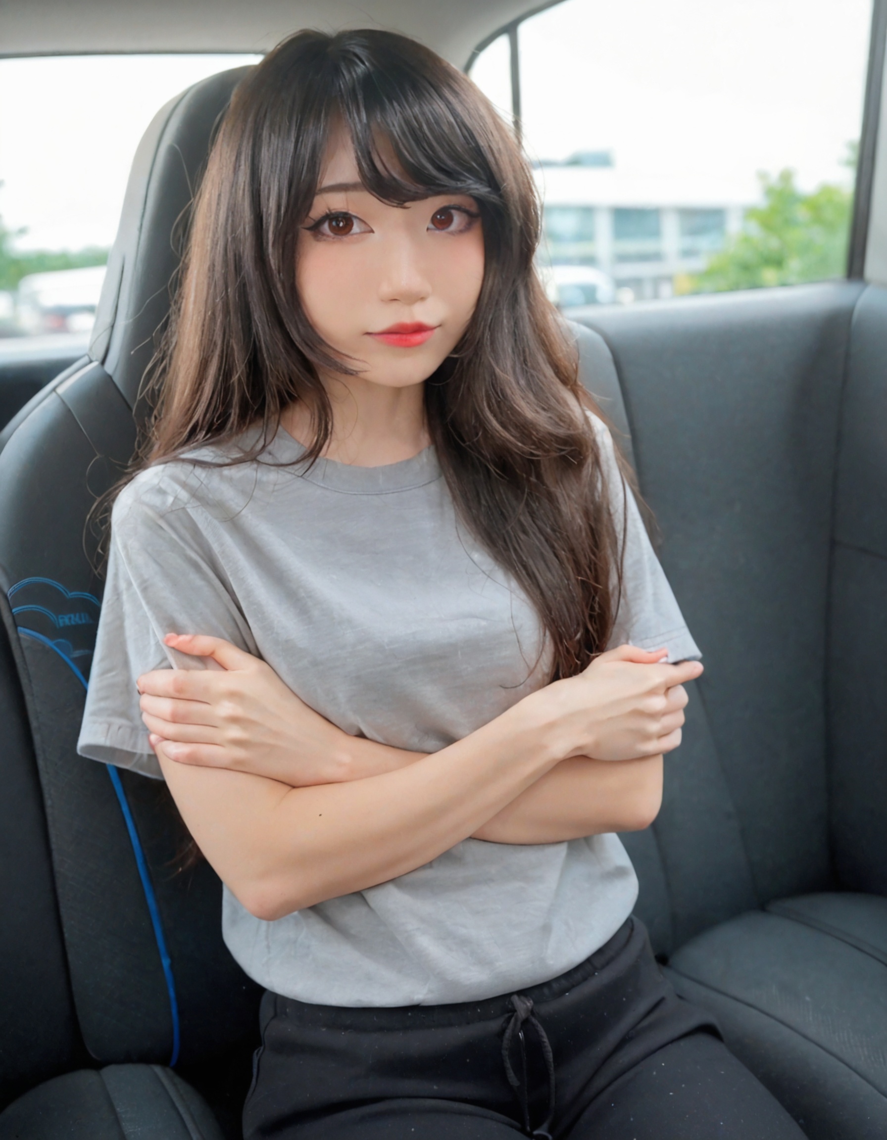 photo of emiru,  three quarter view,  girl is sitting on car seat on Tensor.Art