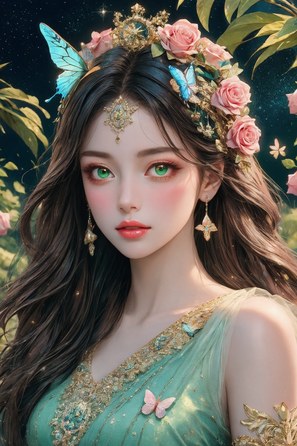 masterpiece,Solo,Klein blue style,Extremely delicate,roses and crystal flowers on her head,eyes with gemstones in them,delicate makeup,and pink lips,surrounded by green plants and golden glittering stars,Butterfly,super detail,best quality,8k,textured skin,