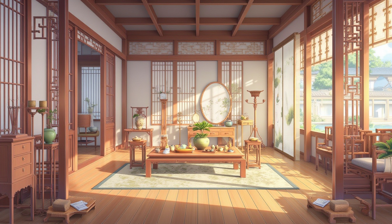 guo_feng_chang_jing ,Elegant Japanese-style room with traditional decor, including a tatami mat flooring and sliding doors. Digital painting ,