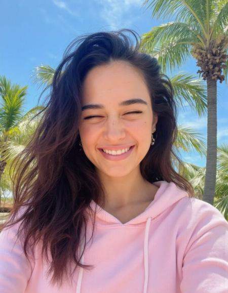 br12ght A woman taking a selfie. She is wearing an light pink hoodie and is smiling. Her hair is dark brown. In the backgr...