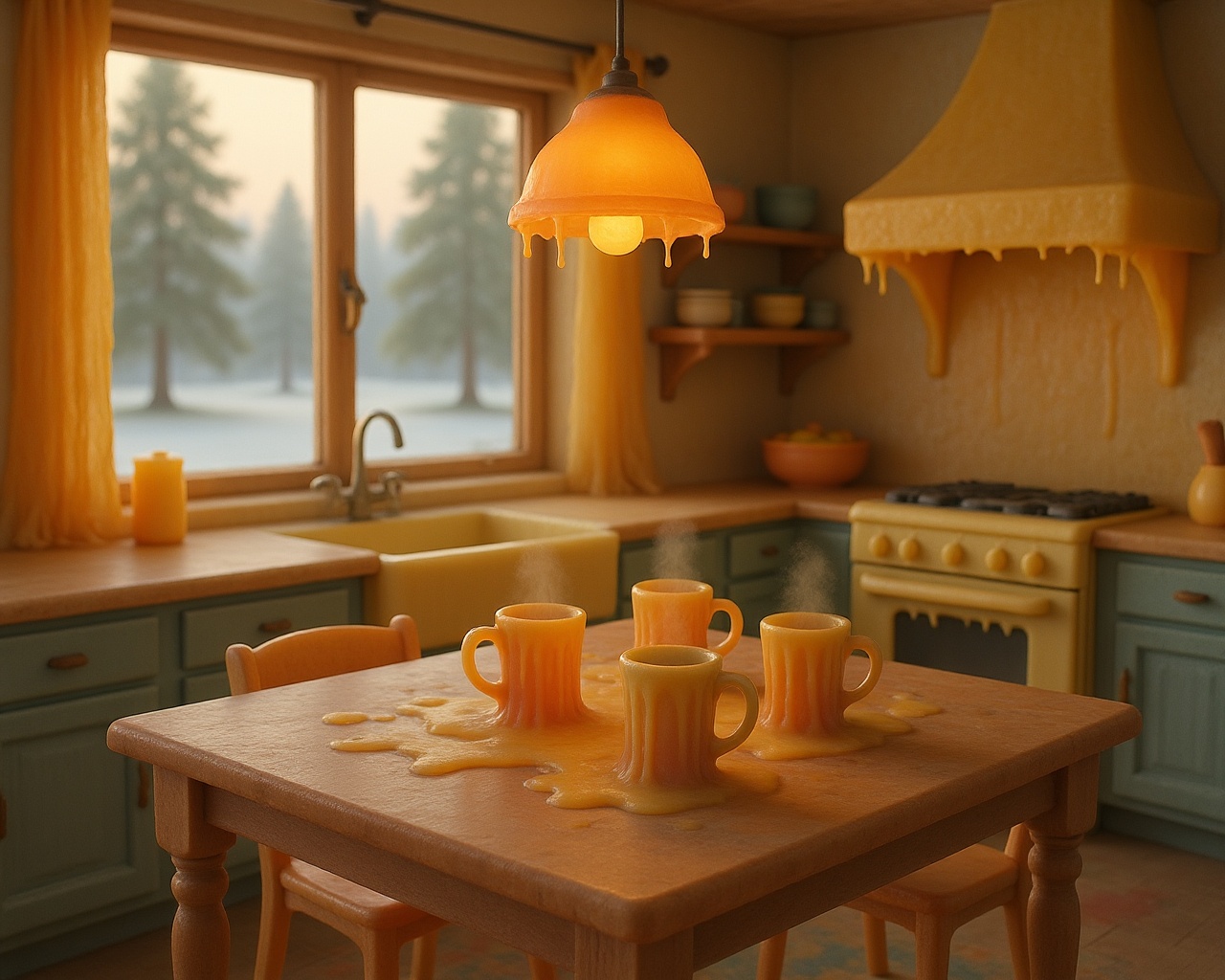 W4xM3lt,  rustic cottage kitchen,  wooden table with five steaming mugs on Tensor.Art