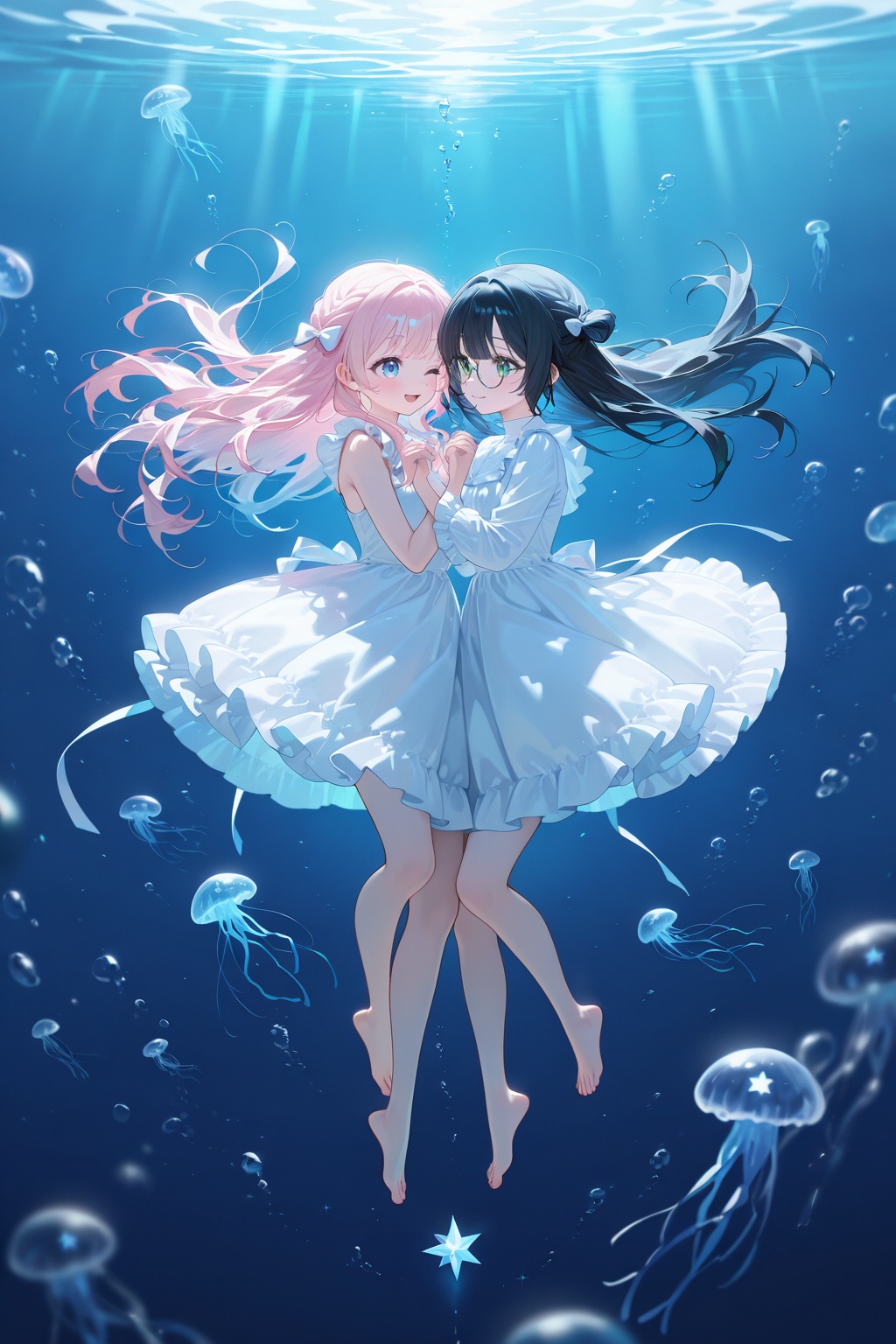 2girls,  barefoot,  black_hair on Tensor.Art