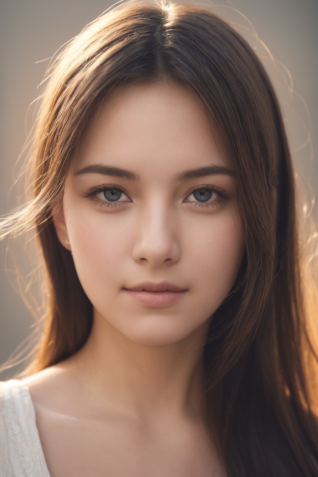 <lora:AgainChangeFaceLora:-1>,(8k, RAW photo:1.2), (realistic, photo-realistic:1.4), (extremely detailed), (detailed face:1.4), (beautiful detailed eyes:1.2), girl, smirk, closed mouth, bright glistening skin,realistic skin,skin pores, beautiful, pretty, upper body, dramatic lighting, realistic, teenage, dress, simple background, 