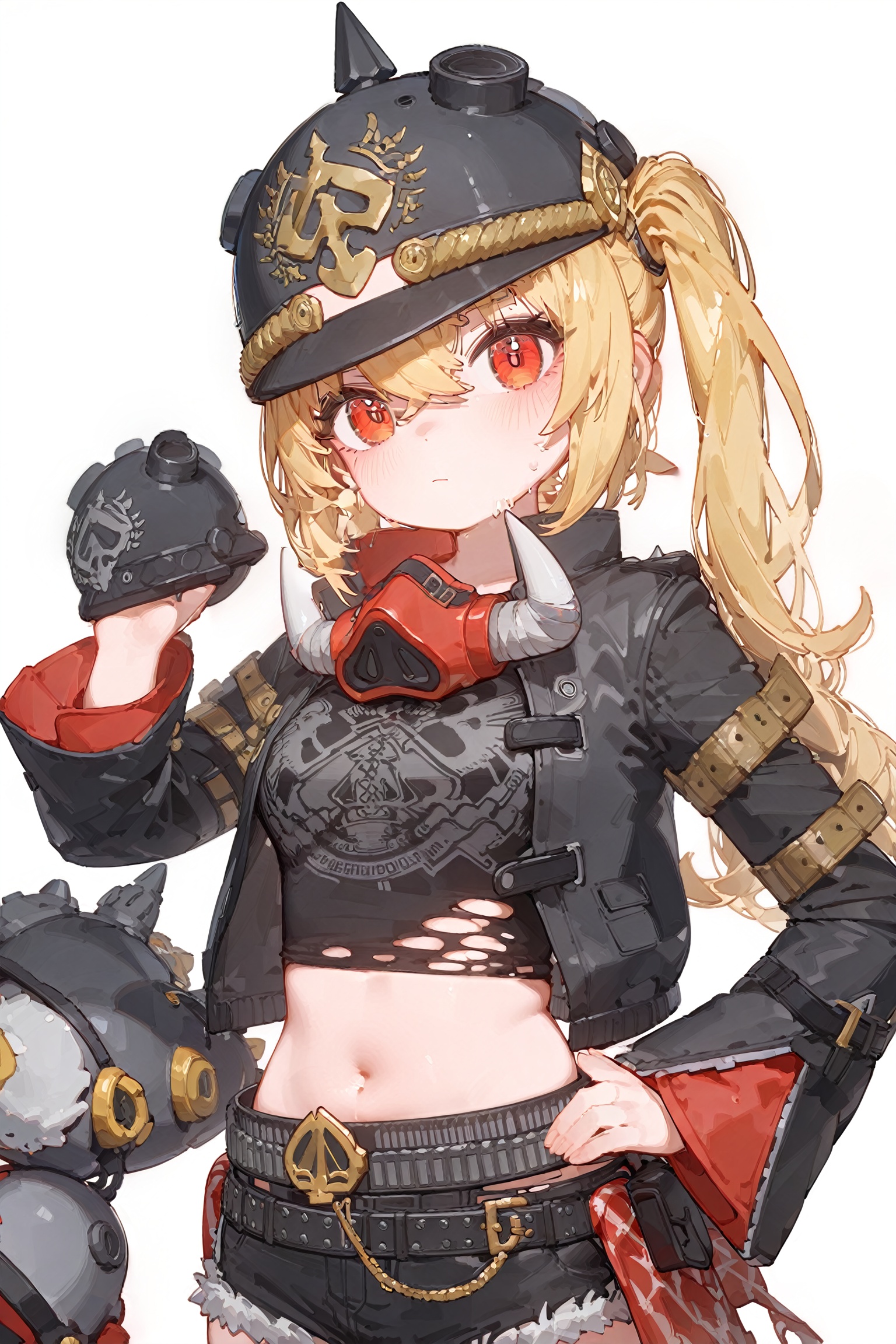 best_quality,(masterpiece),artist_ningen_mame,artist_ciloranko,artist_rhasta,8k,ultra-detailed,2d,anime,line_style,1girl,solo,long hair,breasts,looking at viewer,blonde hair,simple background,shirt,red eyes,long sleeves,hat,white background,navel,hair between eyes,closed mouth,jacket,upper body,open clothes,shorts,midriff,belt,stomach,side ponytail,open jacket,black jacket,crop top,hand on hip,torn clothes,black shirt,black headwear,mask,helmet,pouch,belt pouch,ammunition belt,<lora:AS-线稿大师加强版_v1.0:0.5>,<lora:fangdongye XL 1.3-000051:0.5>,<lora:lora.by_tusi:0.8>,