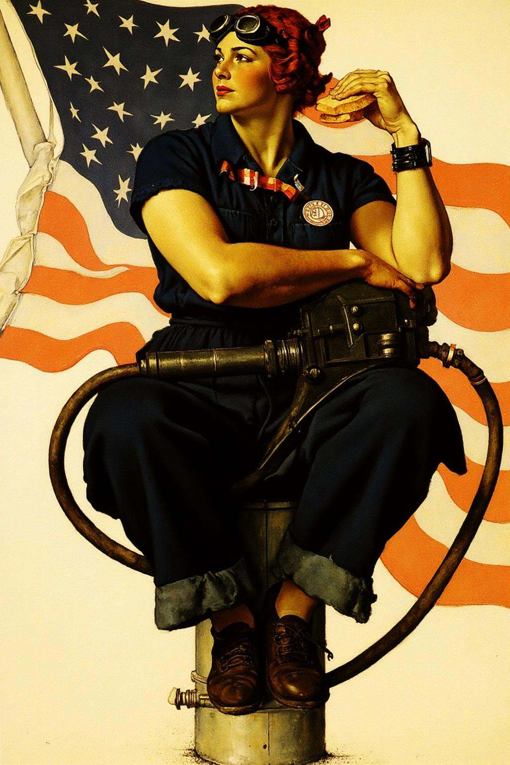 normanrockwell1 painting.A woman,  Rosie the Riveter,  is depicted sitting on a barrel or similar cylindrical object. She...