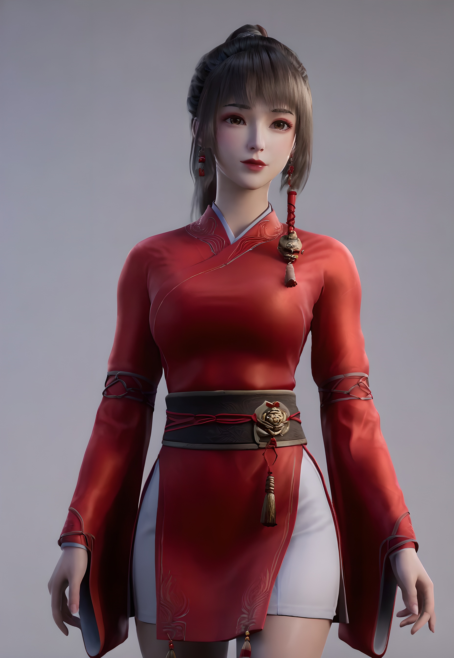 score_9,score_8_up,score_7_up,<lora:SF_FangXiaoLin_Pony-000002:0.7>,1girl,solo,standing,red chinese clothes,short  skirt,long sleeves,breasts,large breasts,red lips,jewelry,hair ornament,earring,looking at viewer,white background,