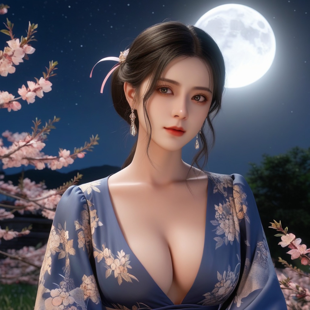 (,1girl, ,best quality, ),,  ,ultra realistic 8k cg,, ,masterpiece, (( , )),, ,   ,   cure blossom, full moon,night,night sky,  (cleavage),,  (), ,, <lora:823-DA-XL-国模-恶女-VIVI:0.8>,