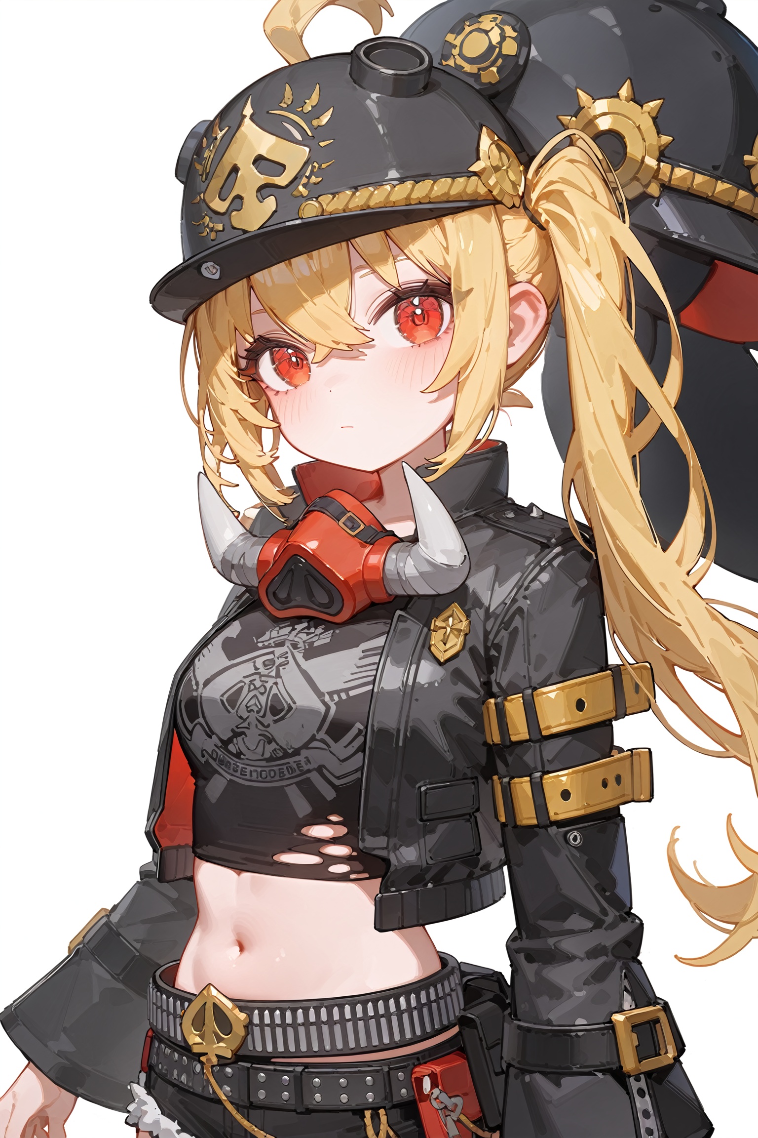 best_quality,(masterpiece),artist_ningen_mame,artist_ciloranko,artist_rhasta,8k,ultra-detailed,2d,anime,line_style,1girl,solo,long hair,breasts,looking at viewer,blonde hair,huge ahoge,simple background,shirt,red eyes,long sleeves,hat,white background,navel,hair between eyes,closed mouth,jacket,upper body,open clothes,shorts,midriff,belt,stomach,side ponytail,open jacket,black jacket,crop top,torn clothes,black shirt,black headwear,arms at sides,mask,pouch,belt pouch,ammunition belt,<lora:AS-线稿大师加强版_v1.0:0.3>,<lora:fangdongye XL 1.3-000051:0.3>,<lora:lora.by_tusi:0.7>,