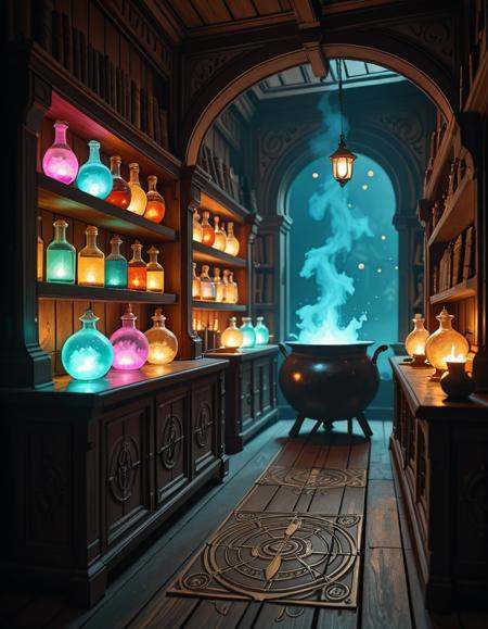 A dimly lit,  mysterious alchemy shop filled with ancient books,  glowing potions on Tensor.Art
