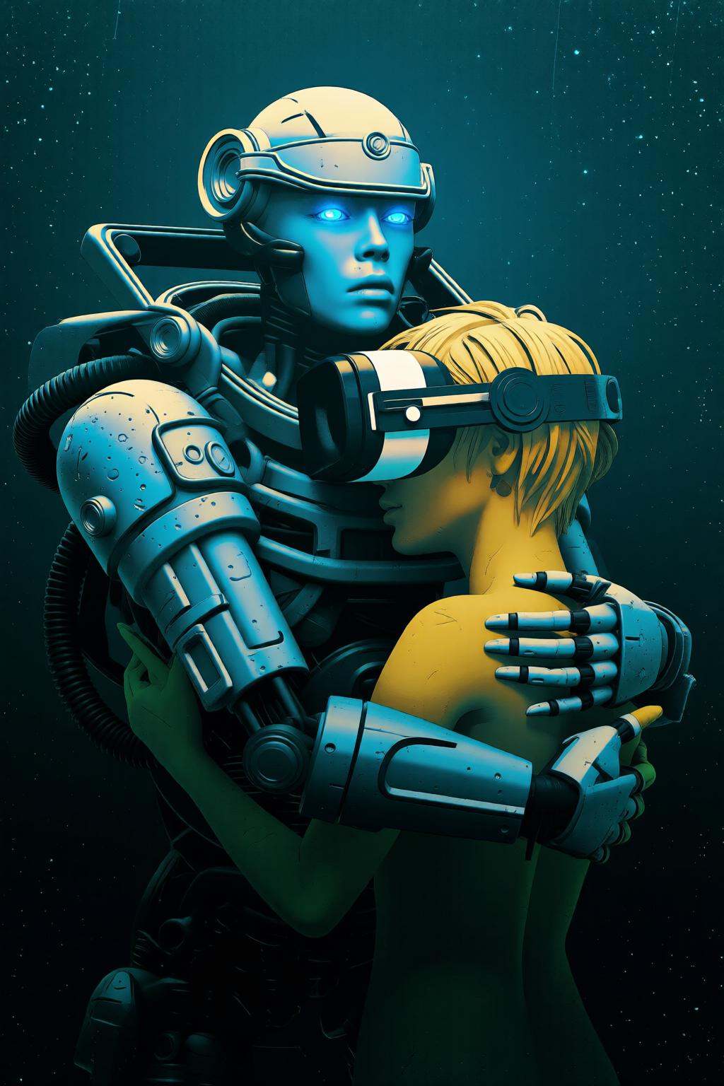 pascalblanche2q illustration. juangimenez1. A humanoid robot with a metallic,  armored appearance and glowing blue eyes em...