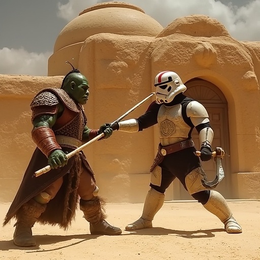 Score_9,  professional high definition photograph,  Gammorean guard in a desert outside a domed Adobe temple on Tensor.Art