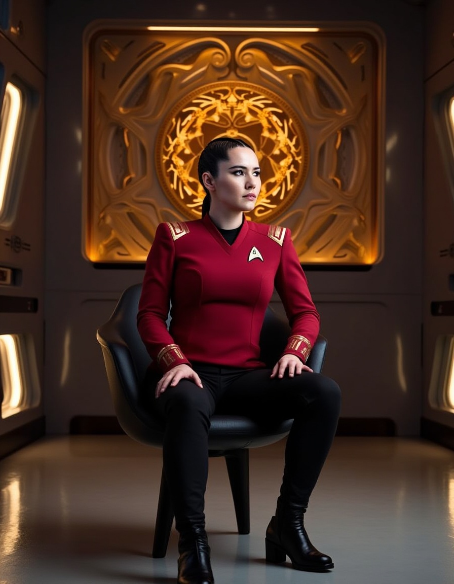 A futuristic setting in a sleek spaceship's command room featuring a poised female figure seated in a modern black chair....