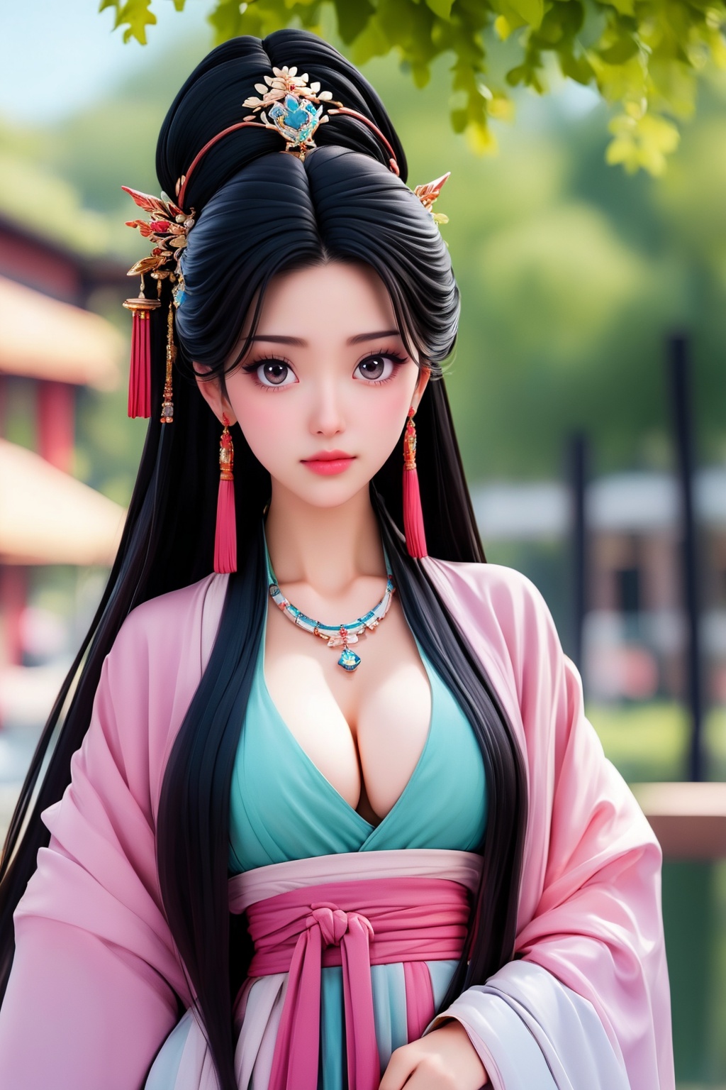 1girl, breasts, jewelry, hair ornament, upper body, long hair, looking at viewer, necklace, cleavage, hanfu, outdoors, 