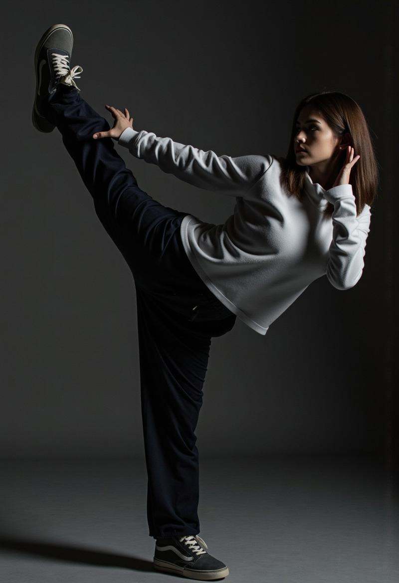 The a martial arts pose,  full body,  likely practicing a kick on Tensor.Art