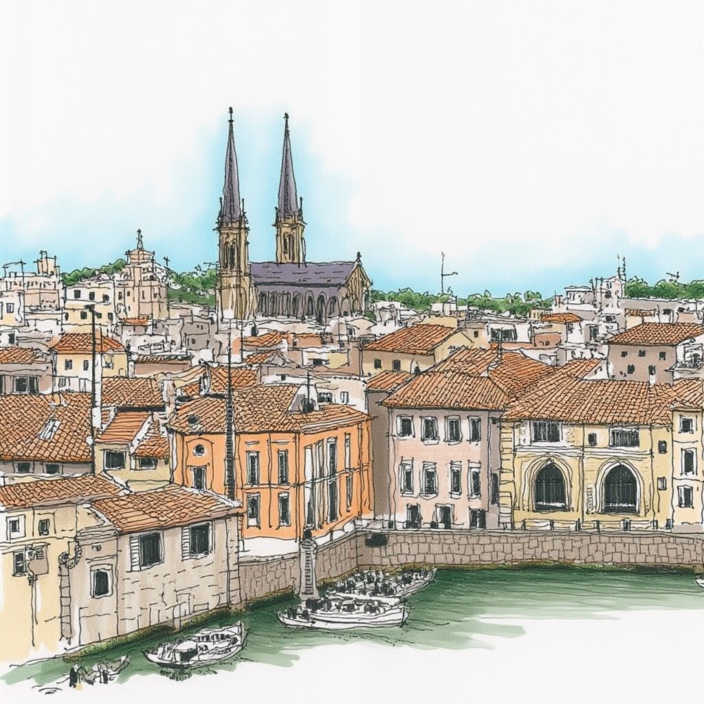 A detailed, hand-drawn illustration of a European cityscape featuring a large cathedral with two tall spires, surrounded by various buildings with red-tiled roofs and a river in the background. The style is reminiscent of traditional ink and watercolor, with a combination of black and orange lines. The city is bustling with activity, with boats docked along the river and people moving about. The sky is a soft blue, and the overall scene is lively and vibrant. The image has a vintage, slightly faded aesthetic., <lora:flux_速写风格_建筑画:1>