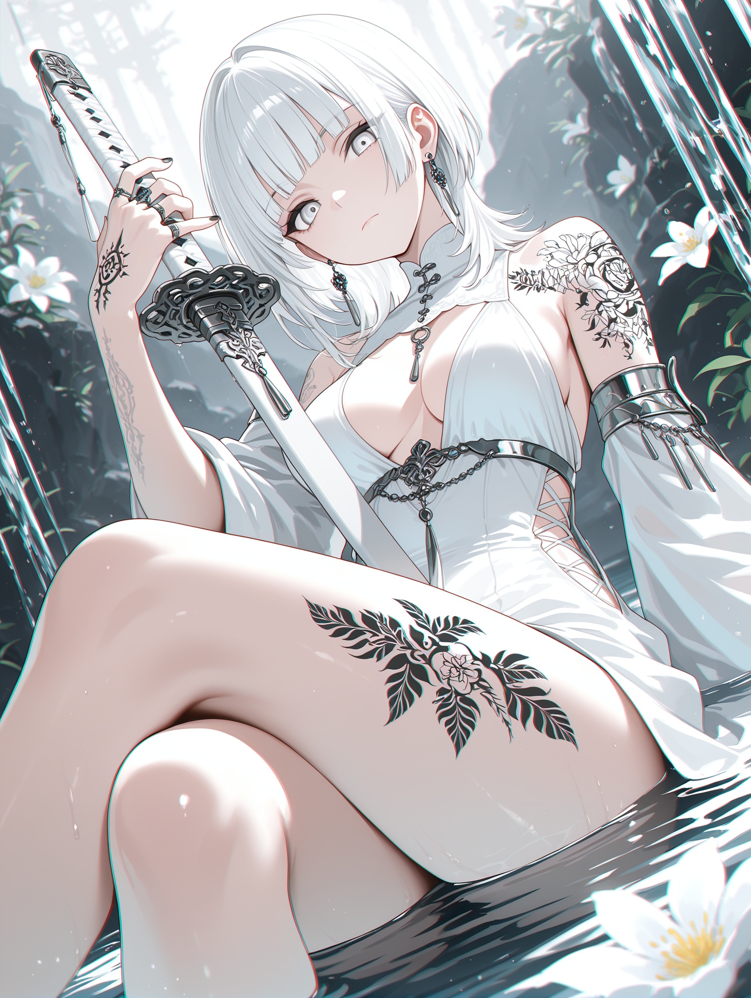 1girl, solo,weapon, solo, sword, sheath, holding sheath, white hair, jewelry, sitting, tattoo, black nails, bangs, flower, white eyes, blunt bangs, earrings, looking at viewer, white dress, dress, crossed legs, ring, grey eyes, water, medium hair, breasts, leg tattoo, fingernails, white theme, closed mouth, white nails, short hair, partially submerged, chromatic aberration, detailed lighting, dynamic angle,,masterpiece,best quality,