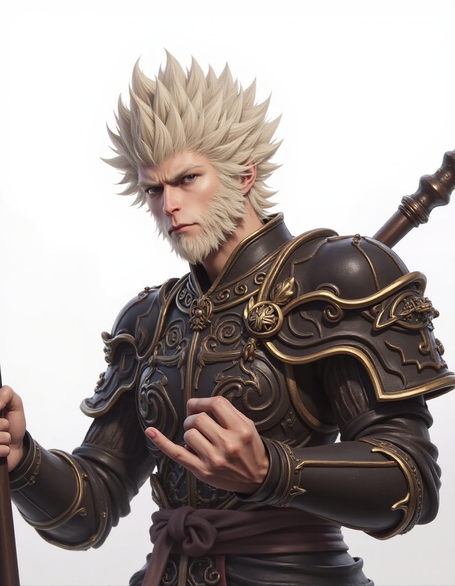 <lora:flux-lora-CNSHenHou.1:1>1boy, armor, beard, blonde hair, closed mouth, cnshenhou, facial hair, looking at viewer, male focus, scar, shoulder armor, solo, staff, upper body, white hair