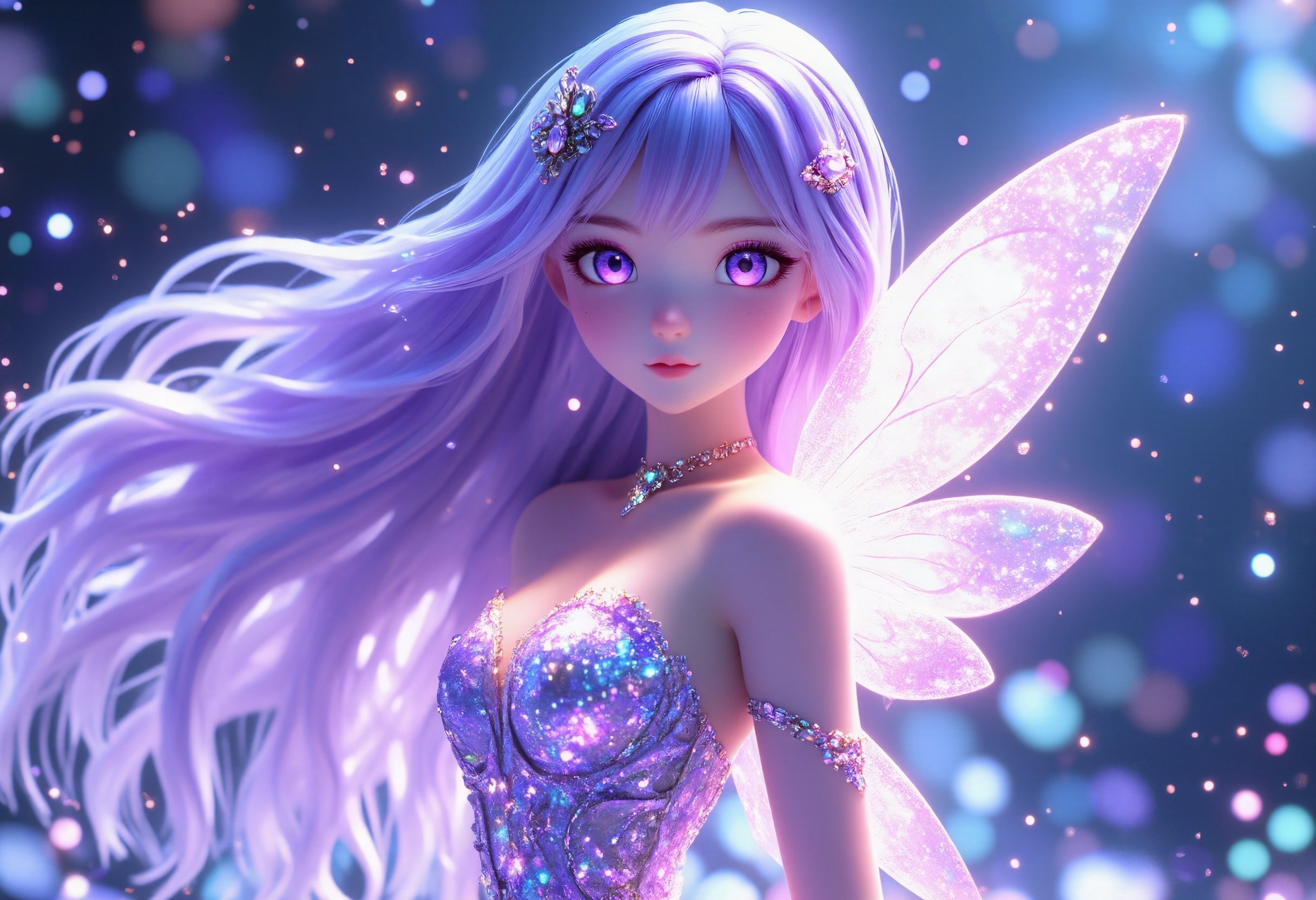 3D anime style,  a breathtaking celestial fairy with flowing iridescent hair that shines in soft pastel hues of purple and...