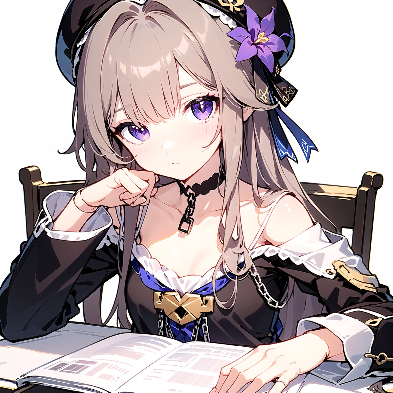 joints,doll joints,1girl,solo,beret,long hair,grey hair,hair ornament,hair flower,purple eyes,choker,bare shoulders,shoulder cutout,dress,long sleeves,ribbon,chain,church,tower,masterpiece,best quality,((ultra detailed)),beautiful illustration,beautiful detailed eyes,(wallpaper),close-up,Blank background,(flat chest),