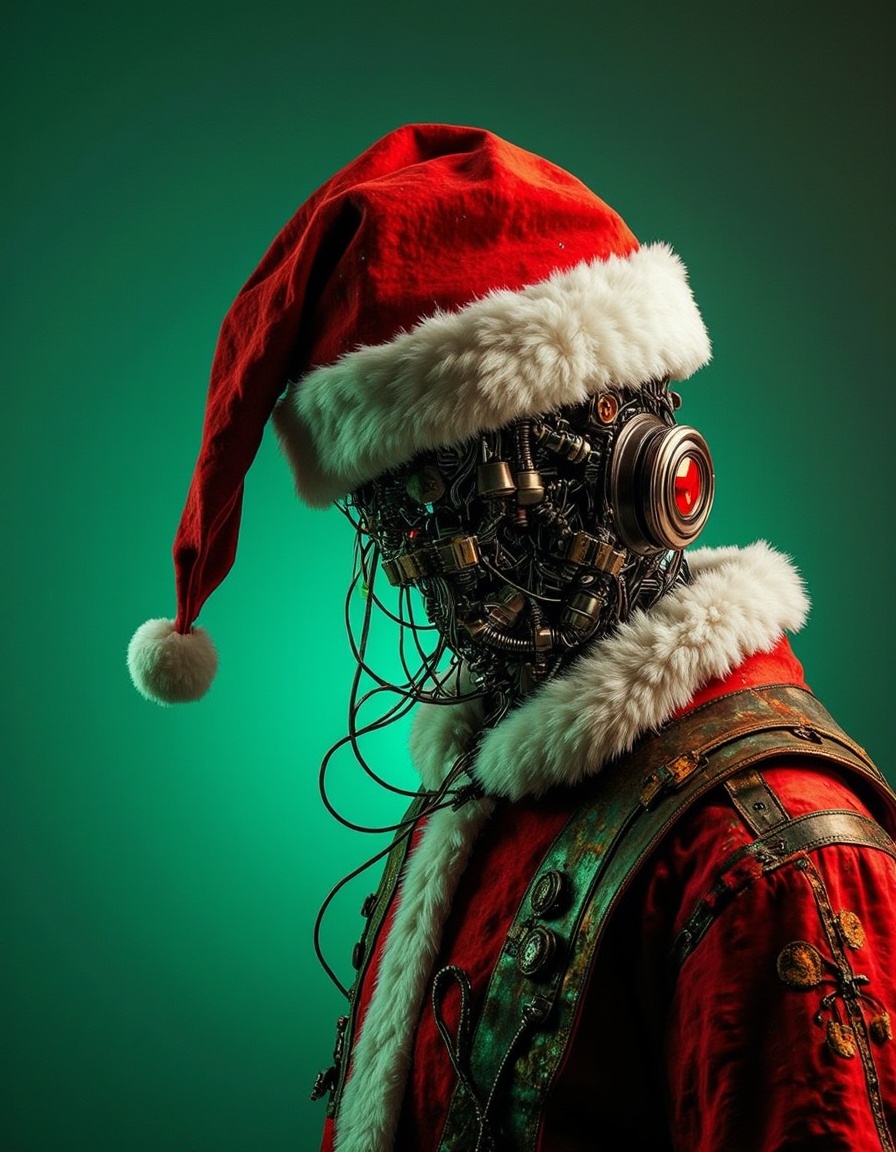 Studio_Punkji,  "Studio Punkji" cyborg santa claus wearing green clothing and green hat,  night on Tensor.Art