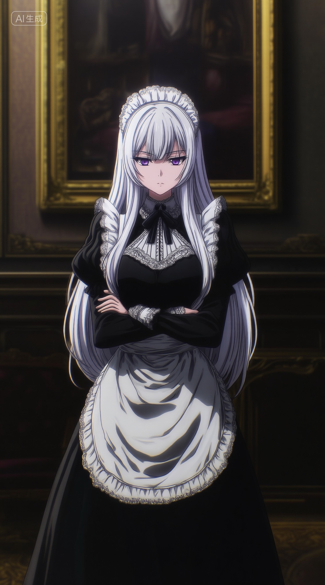 a digital illustration shoot from a frontal camera angle about a character dressed in a black and white maid outfit with l...