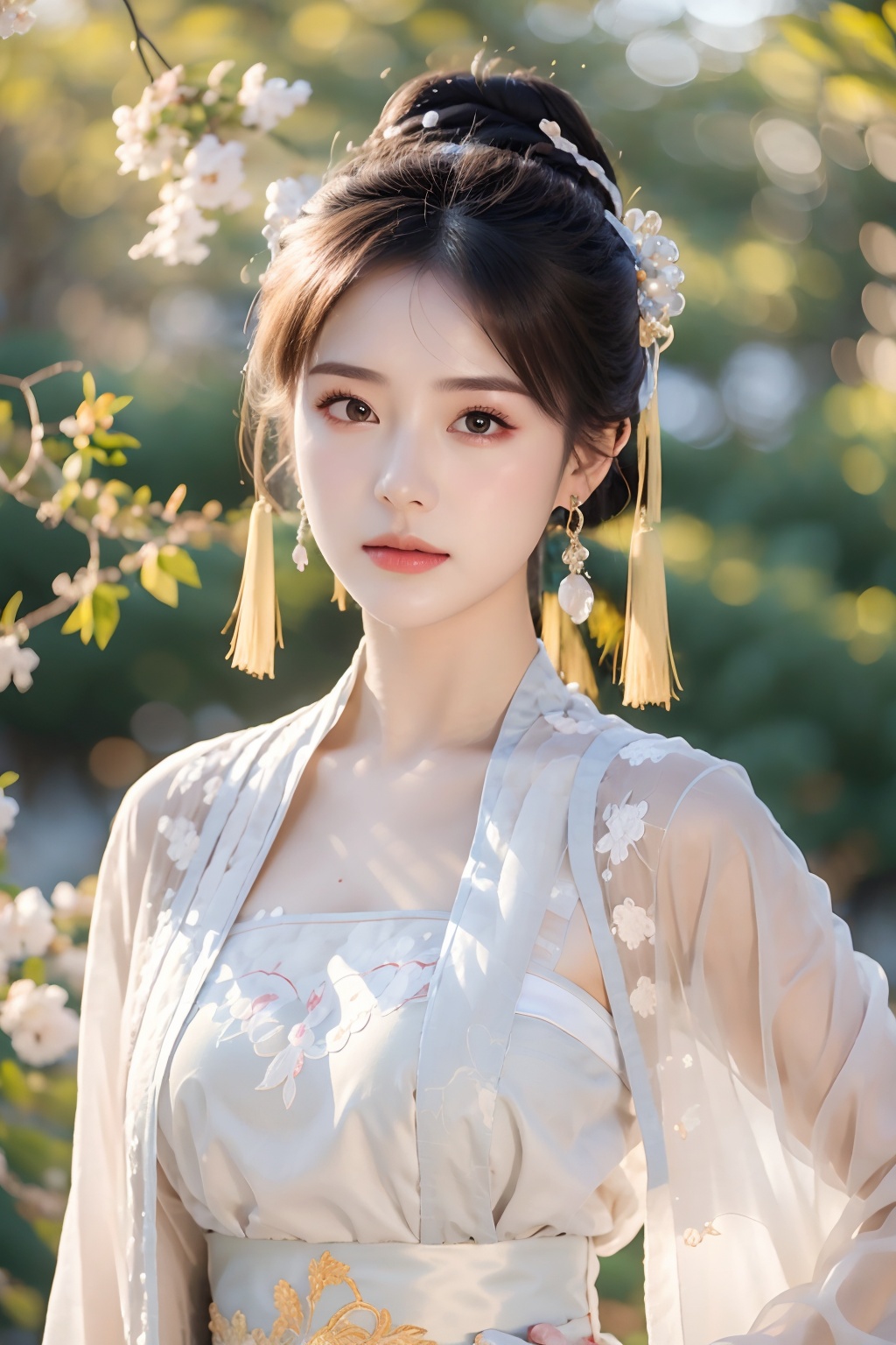 1girl,solo,jewelry,weapon,long hair,earrings,sword,upper body,chinese clothes,hair ornament,necklace,dress,embers,yellow dress,black hair,sash,hair bun,looking at viewer,closed mouth,sheath,single hair bun,brown hair,long sleeves,