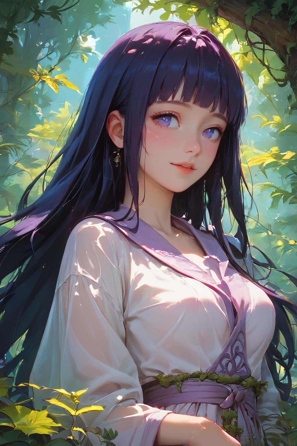 score_9,score_8_up,score_7_up,Hyuuga Hinata,beautiful_detailed_eyes,portrait,((moss covered clothes)),wide angle lens,lifelike,natural light,