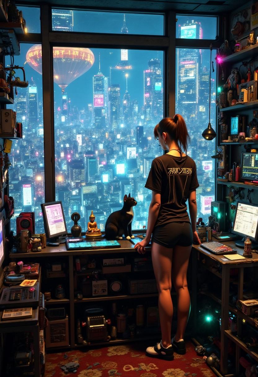 cyberpunk style apartment with futuristic combined with traditional Japanese aesthetic with neon and led lights,  the room...