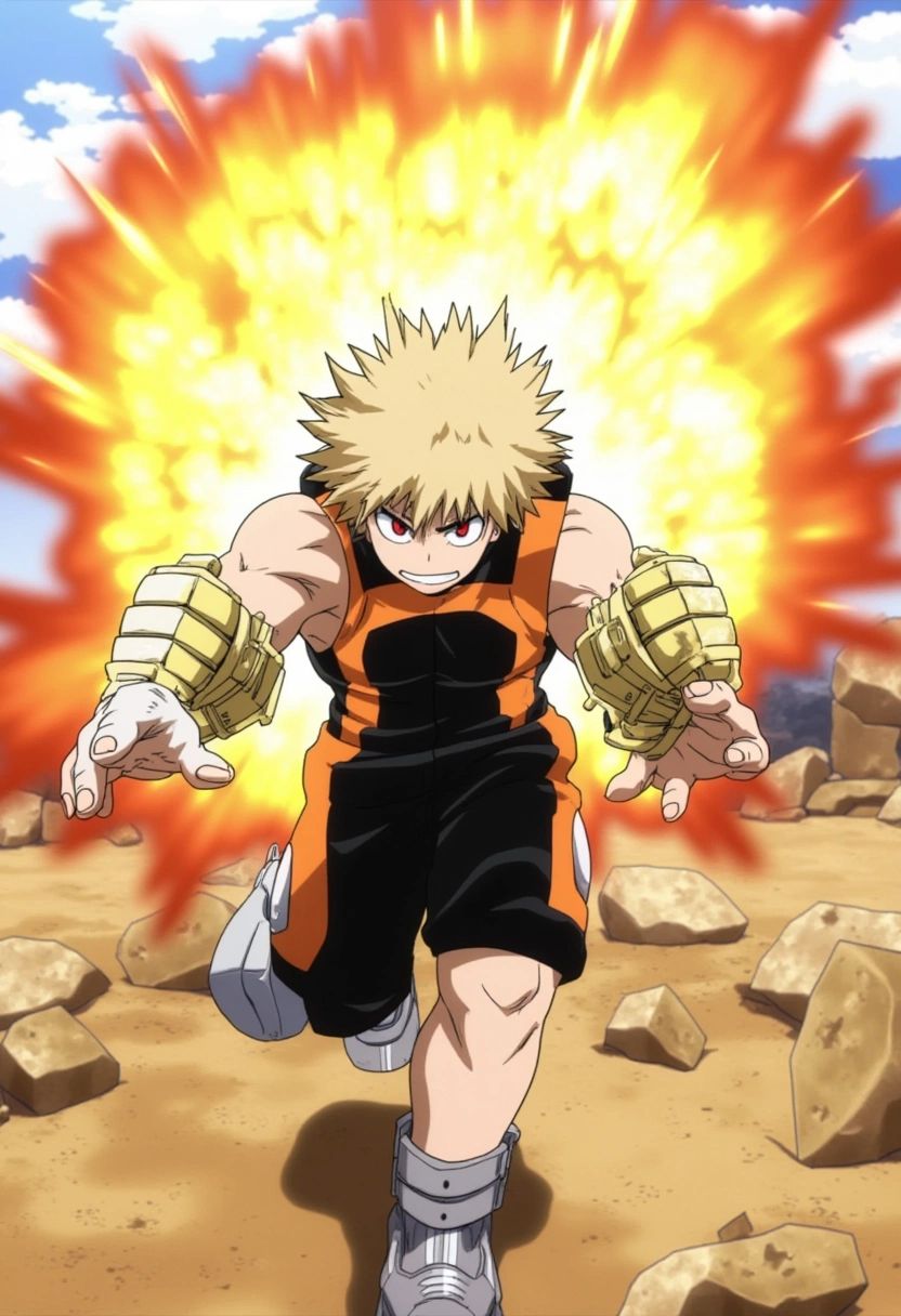 Katsuki Bakugo,  a muscular young man with spiky blonde hair and sharp red eyes,  unleashing a massive explosion from his...