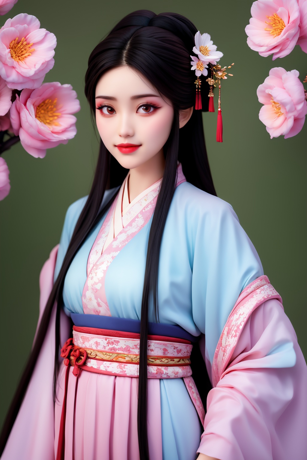 1girl, solo, realistic, hair ornament, long hair, flower, hanfu, chinese clothes, looking at viewer, upper body