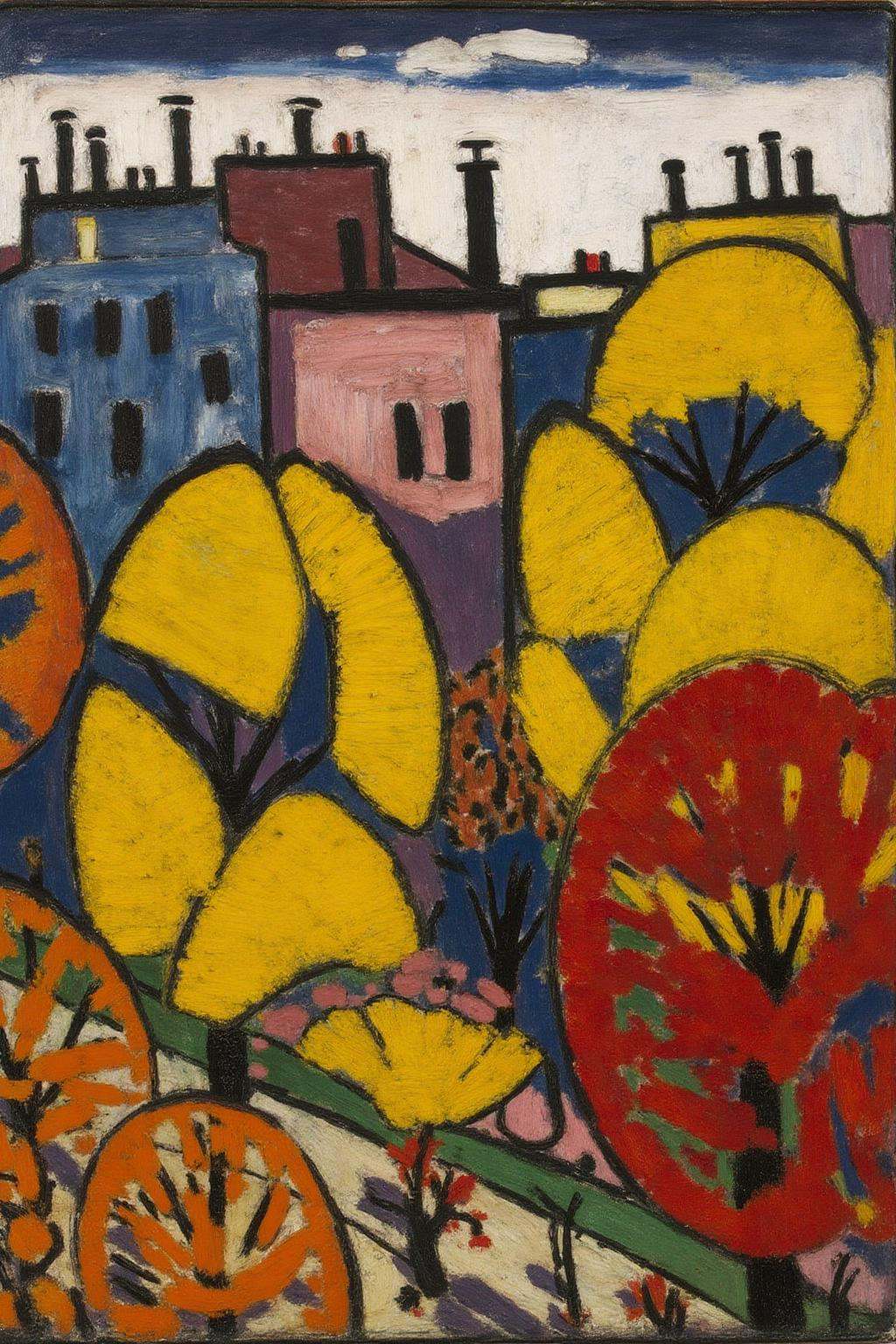 henrylymansayen1 painting.A cityscape with buildings painted in blue,  pink,  and yellow. The buildings have windows and c...