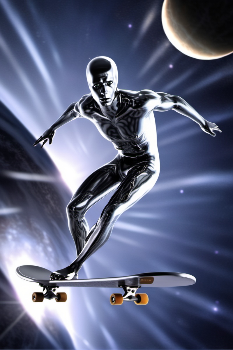 a silver sufer skatebording in space on Tensor.Art