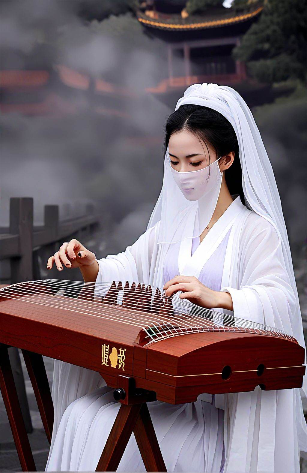score_9,score_8_up,score_7_up,score_6_up,score_5_up,(chinese zither:1.2),(mouth veil,purple hanfu),In front of a traditional Chinese multi-tiered pagoda,mist-enshrouded setting,a graceful figure adorned in traditional white attire delicately strums a Chinese zither resting on a wooden stand. Her hair elegantly styled,evoking a sense of timeless tranquility.,