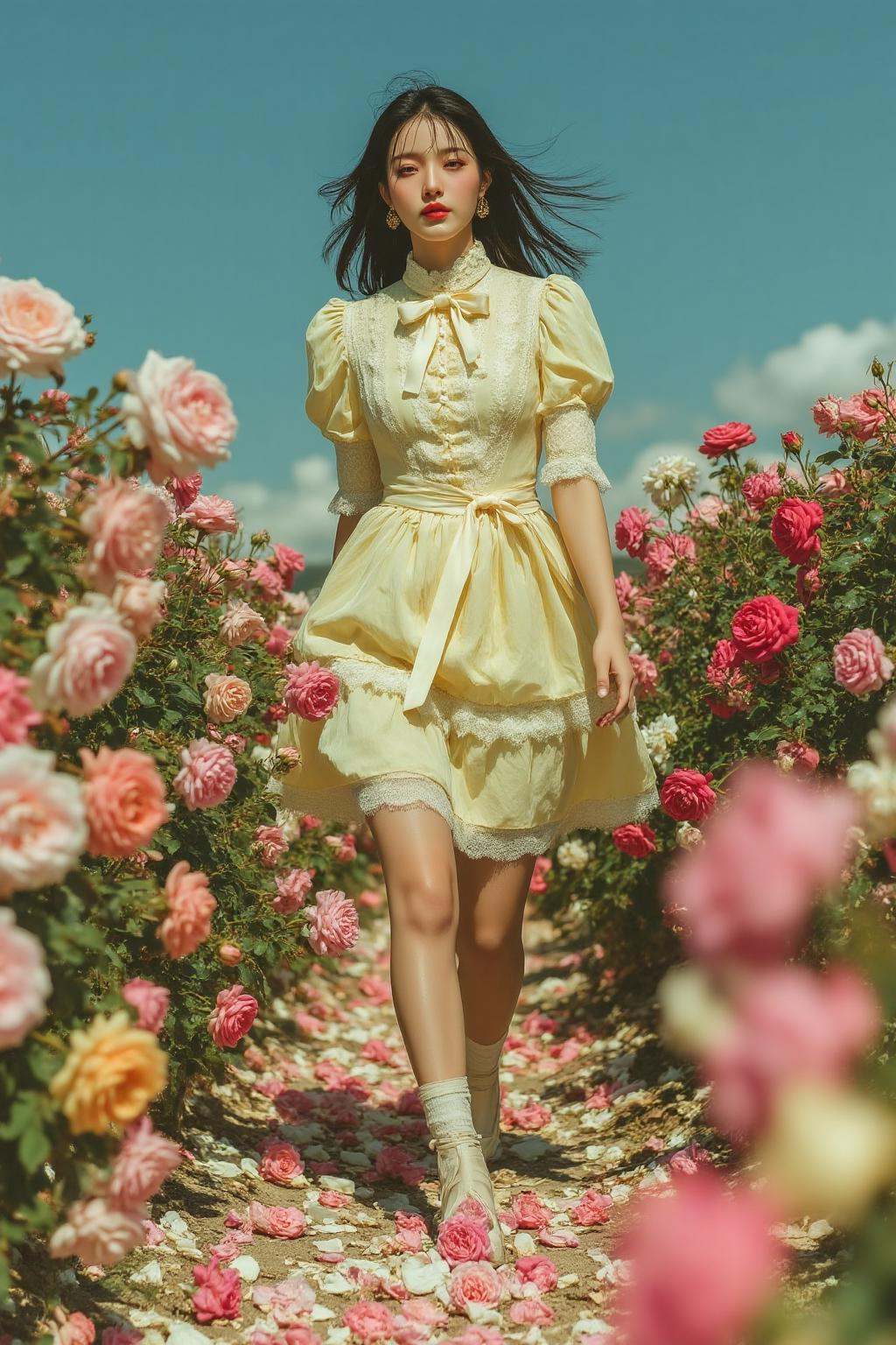 midjourney photograph. Full body shot of a young Korean woman with long,  dark,  wind-blown hair is walking through a fiel...