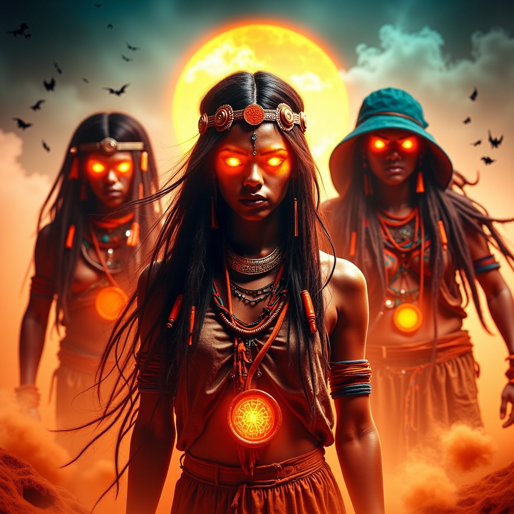 HalloweenGlowStyle A tribe of nomads in a postapocalyptic world,  surrounded by quicksand and vibrant colors,  with dramat...
